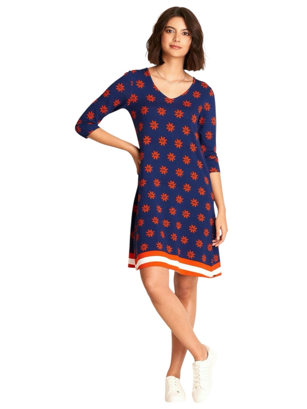 Hatley Elise Dress 3/4 Sleeve V Neck Floral Print Stretch Small Navy Blue Orange